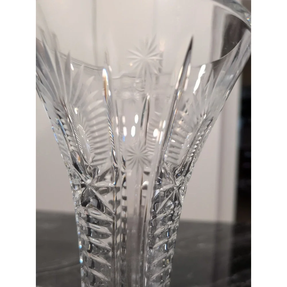 Vintage‎ Cut Crystal Trumpet Bud Vase Starburst Fan Pattern Clear Glass 8 inch